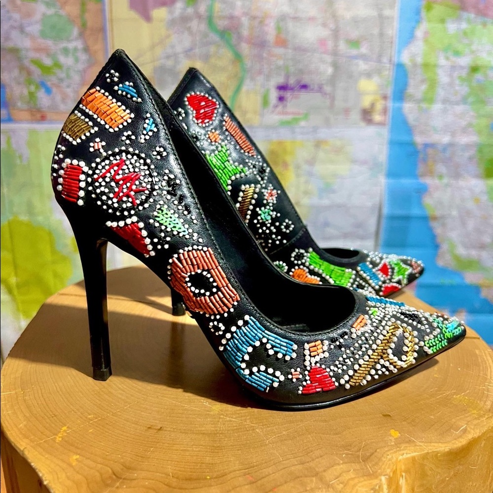 Michael Kors “Keke” Beaded Pumps, size 6.5, multi-colored abstract design